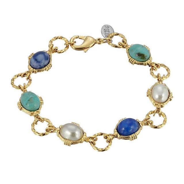 1928 Gold Tone Simulated Pearl & Blue Stone Link Bracelet, Womens Product Image