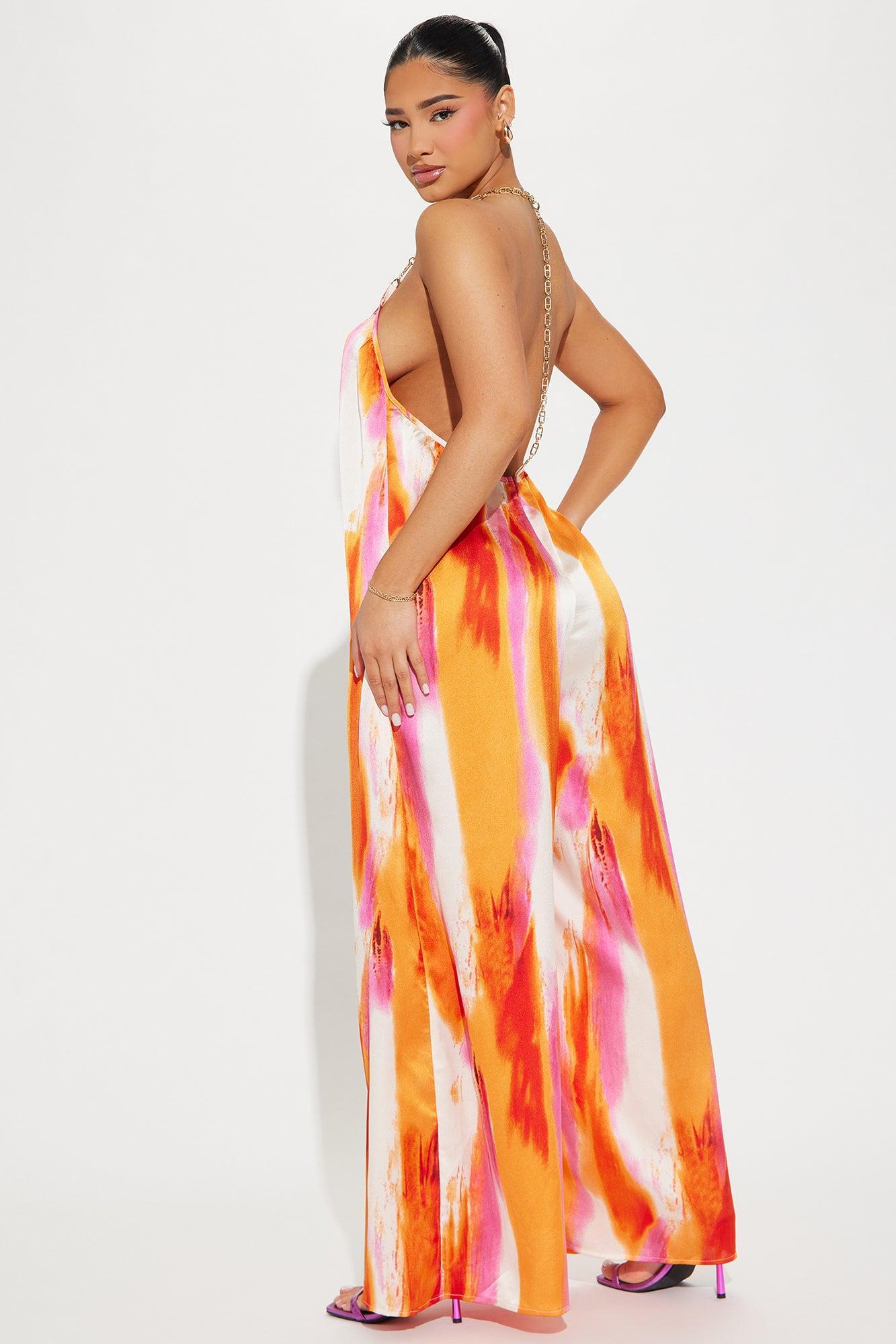 Stay In The Clear Satin Jumpsuit  - Orange/combo Product Image