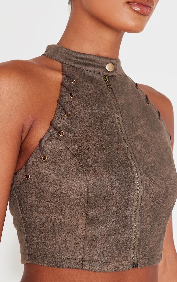 Brown Distressed Faux Suede Eyelet Zip Up Top Product Image