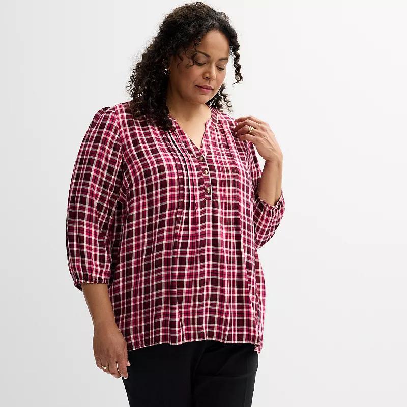 Plus Size Croft & Barrow Plaid Pintuck Top, Womens Festive Pink Plaid Product Image