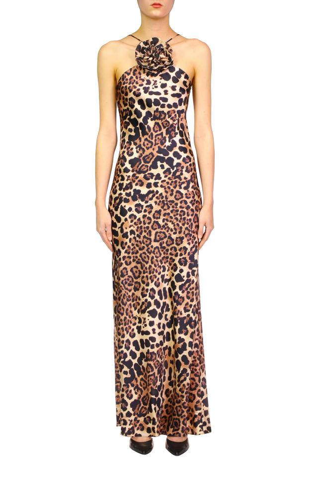 Leopard Printed Silk Satin Bias Halter Gown With Silk Flower Pin Product Image