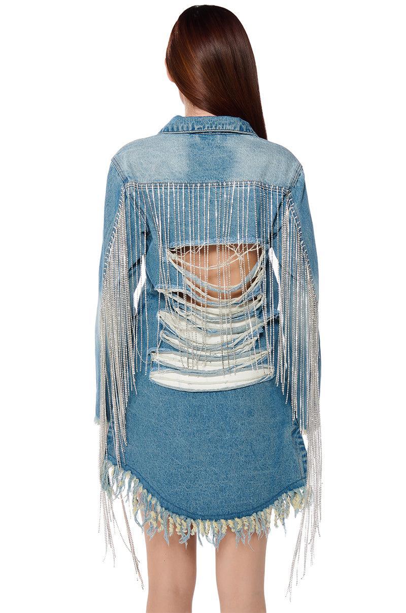 DOLLYS SIS RHINESTONE LONG DENIM JACKET Product Image