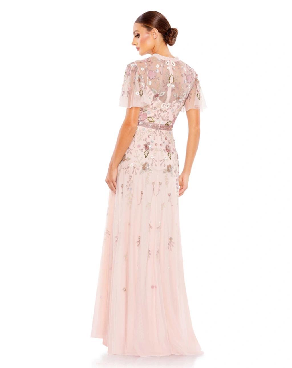 Embellished High Neck Butterfly Sleeve Gown In Pink Product Image