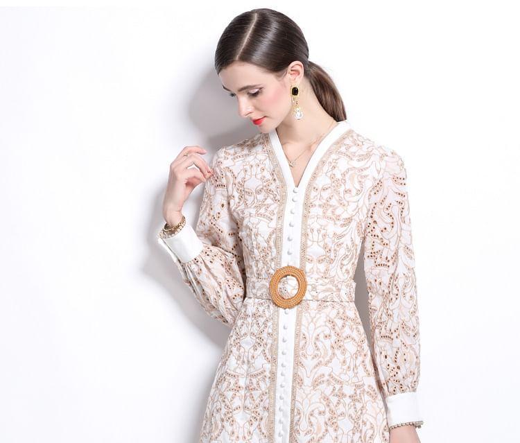 Long Sleeve V-Neck Embroidered Eyelet Belted Midi A-Line Dress Product Image