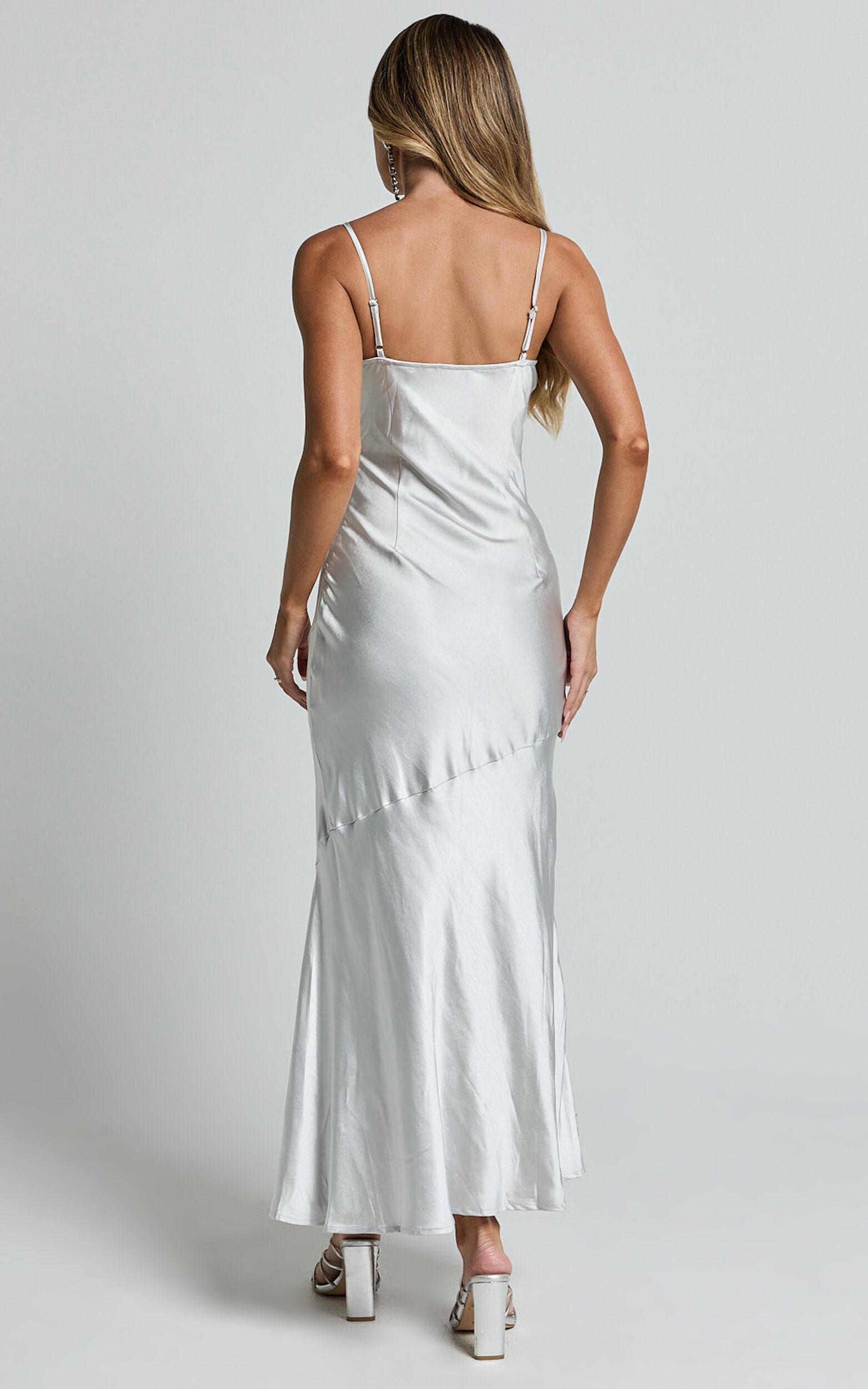 Ylona Maxi Dress - Asymmetric Draped Bias Cut Satin Slip Dress in Oyster Product Image