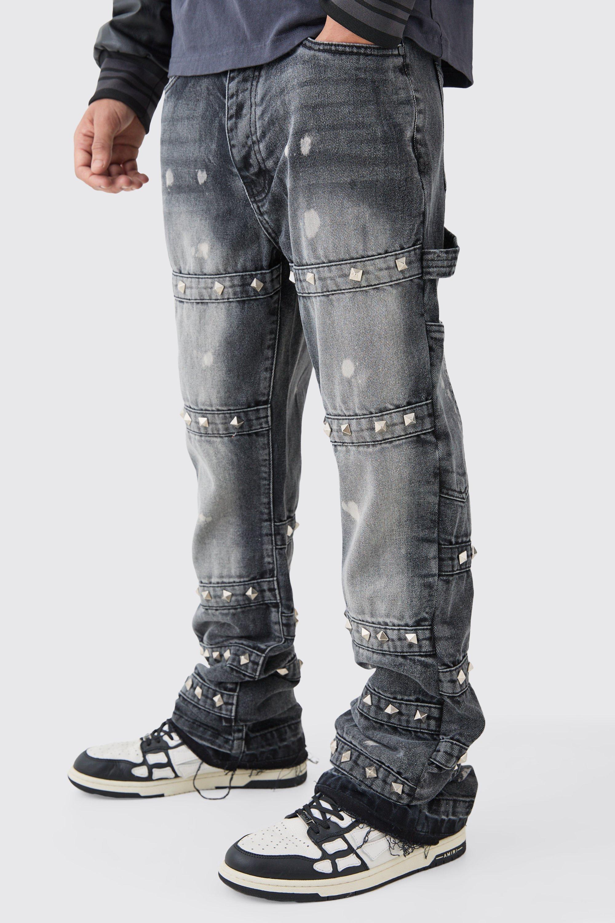 Mens Grey Tall Slim Rigid Flare Embellished Strap Detail Jeans, Grey Product Image