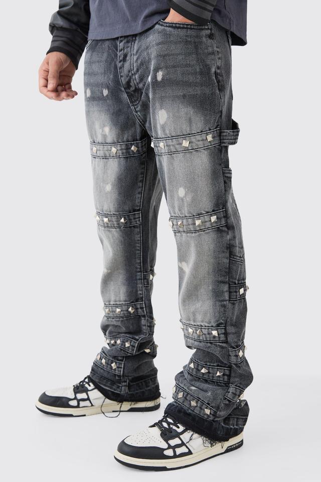 Tall Slim Rigid Flare Embellished Strap Detail Jeans | boohooMAN USA Product Image