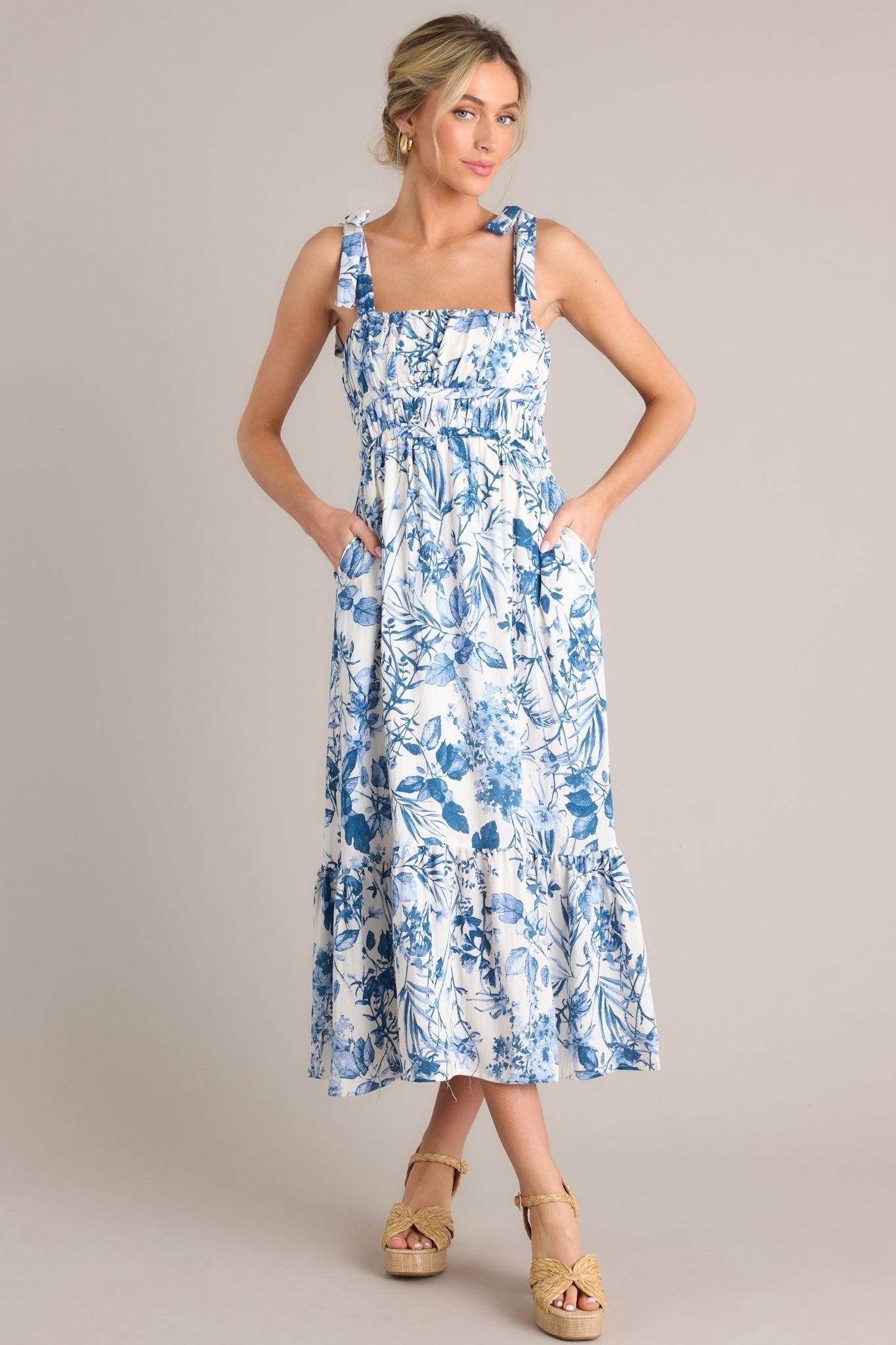 Meadow Muse White & Blue Floral Midi Dress Product Image