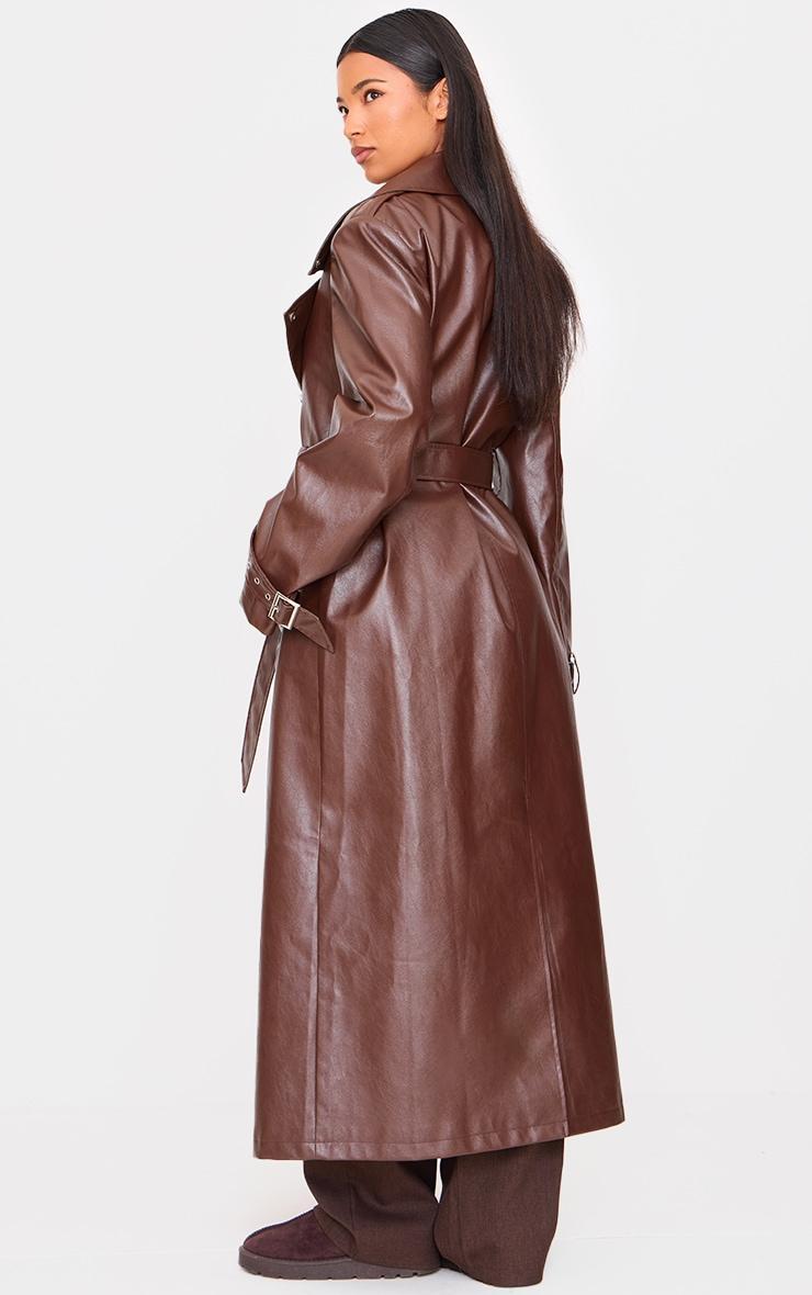 Brown Faux Leather Belted Trench Coat Product Image