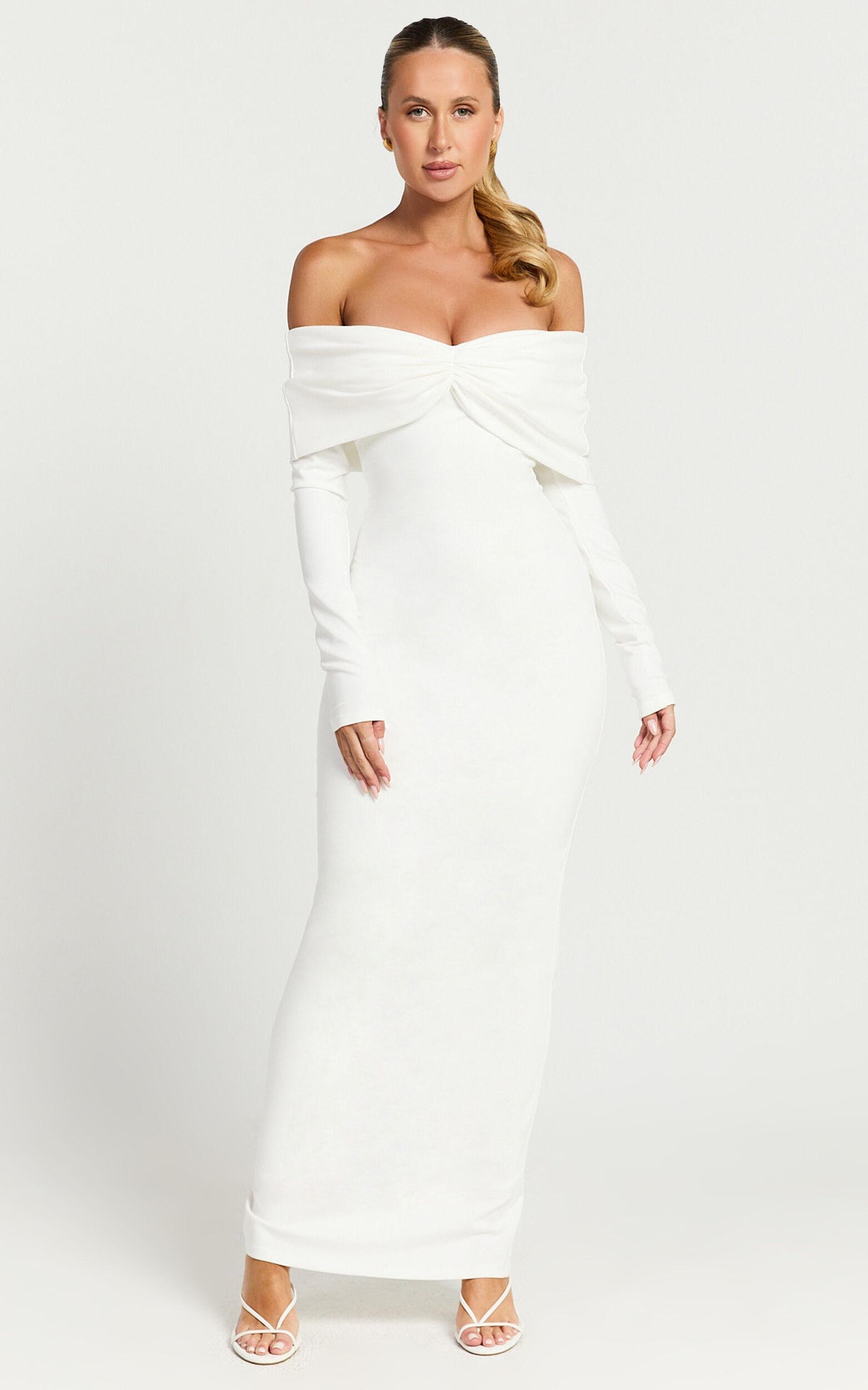 Rani Midi Dress - Off Shoulder Long Sleeve Bodycon Dress in Off White Product Image