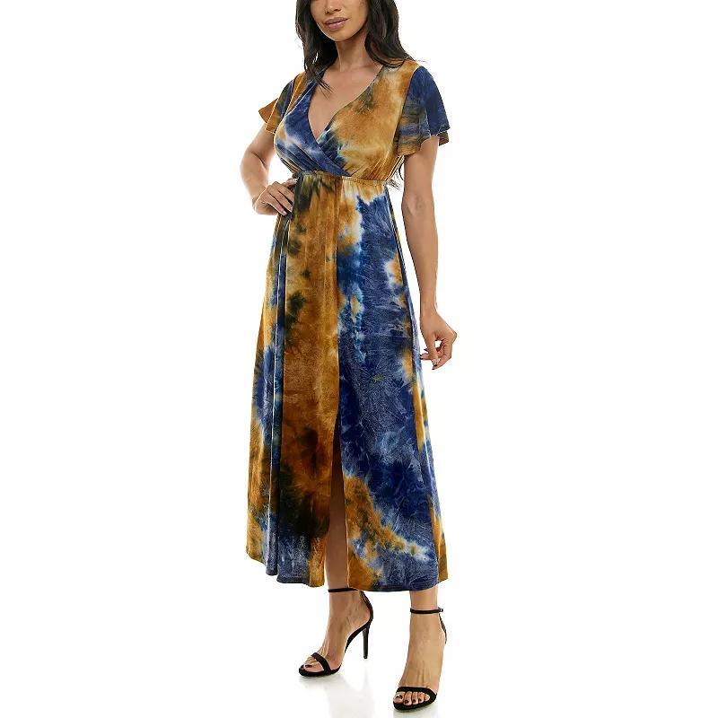 Womens Nina Leonard Tie Dye Print Flutter Sleeve V-Neck Maxi Dress Green Team Product Image