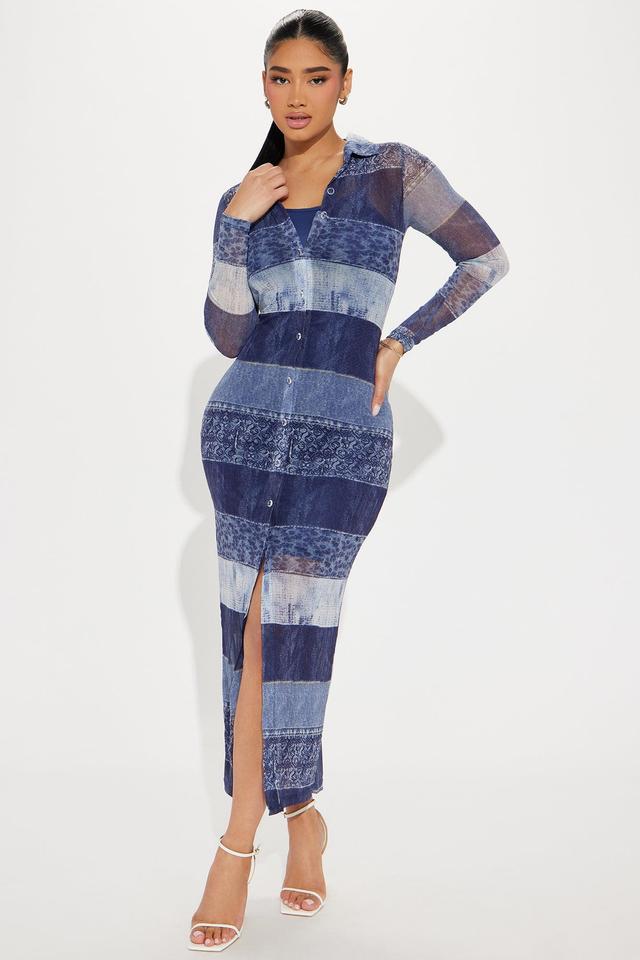 Alia Denim Mesh Maxi Dress - Blue Product Image