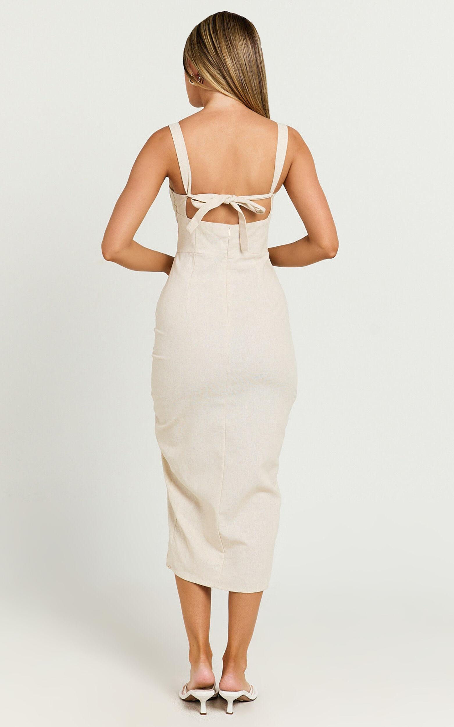 Griffin Midi Dress - Embroidered Tie Back Ruched Dress in Oatmeal Product Image