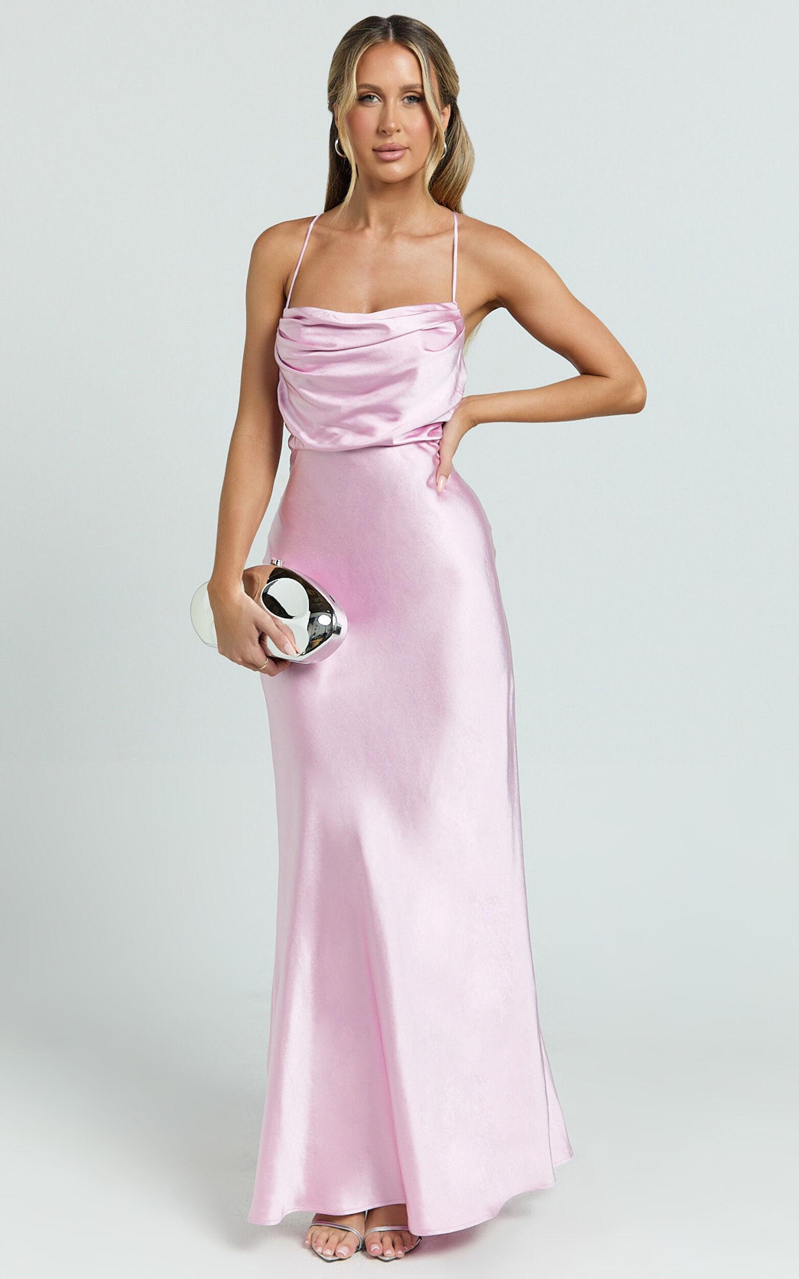 Hanna Maxi Dress - Satin Cowl Neck Low Back Dress in Pink Product Image