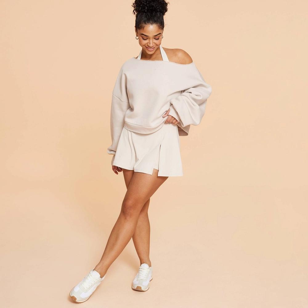 Blogilates Women's Dance Studio Off the Shoulder Sweatshirt - Light Taupe XL Product Image