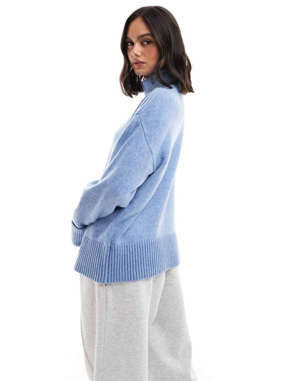 ASOS DESIGN knitted high neck sweater with turn back cuffs in blue Product Image