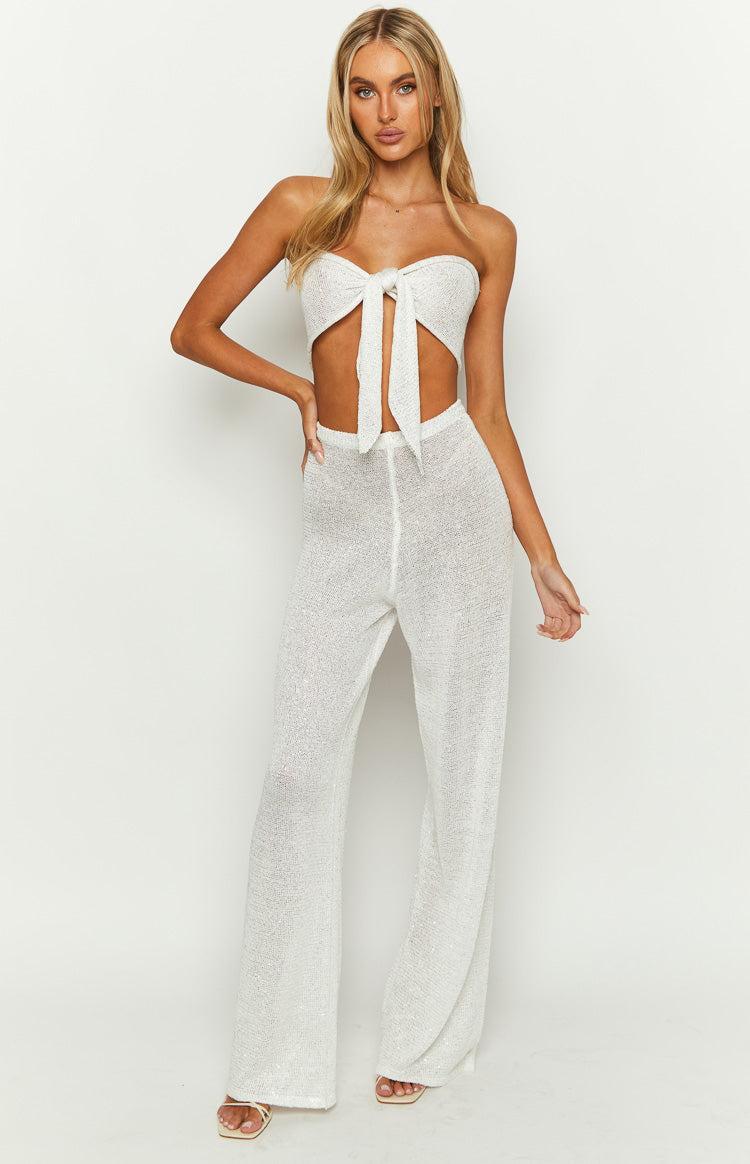 Disco White Sequin Knit Pants Product Image