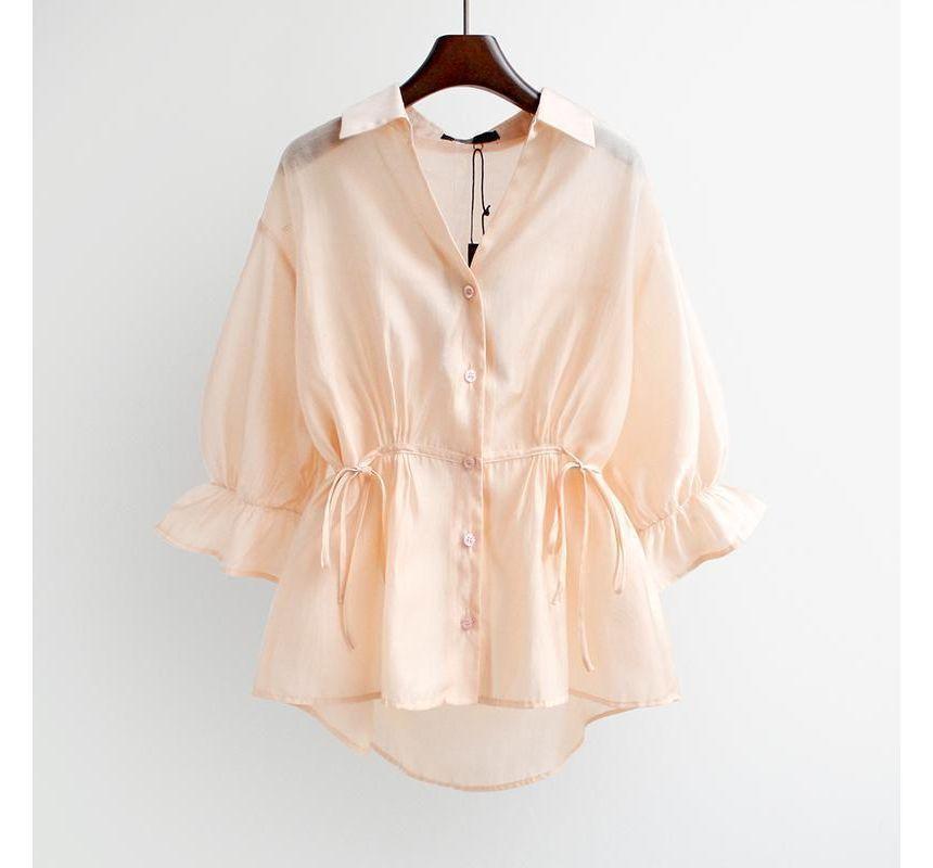 Puff-Sleeve Plain Peplum Shirt Product Image