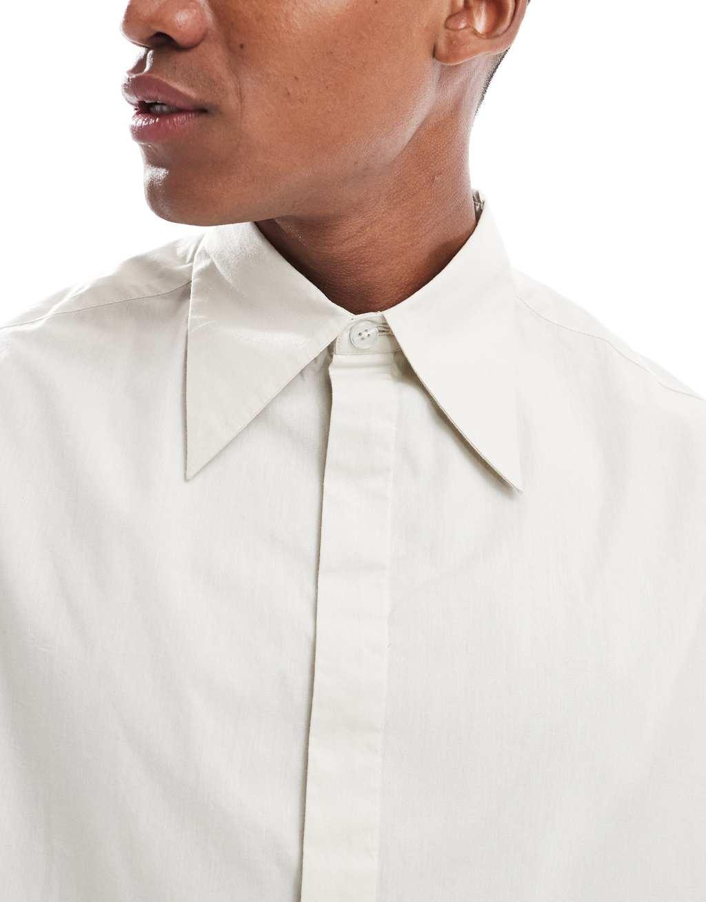 ASOS DESIGN boxy cropped 70s collar poplin shirt in stone Product Image