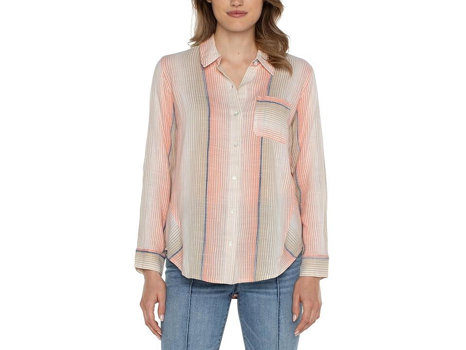 Liverpool Los Angeles Button Front Shirt with 3/4 Sleeve Ombre Woven Stripe (Orange Tan Multi) Women's Clothing Product Image