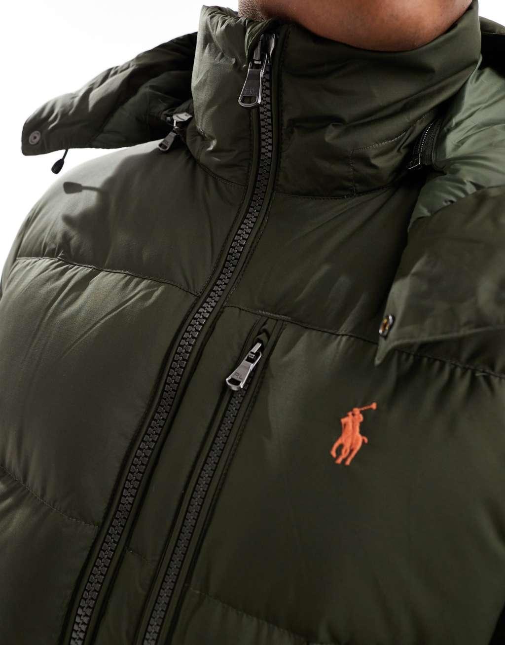 Polo Ralph Lauren icon logo hooded down puffer jacket in olive green Product Image