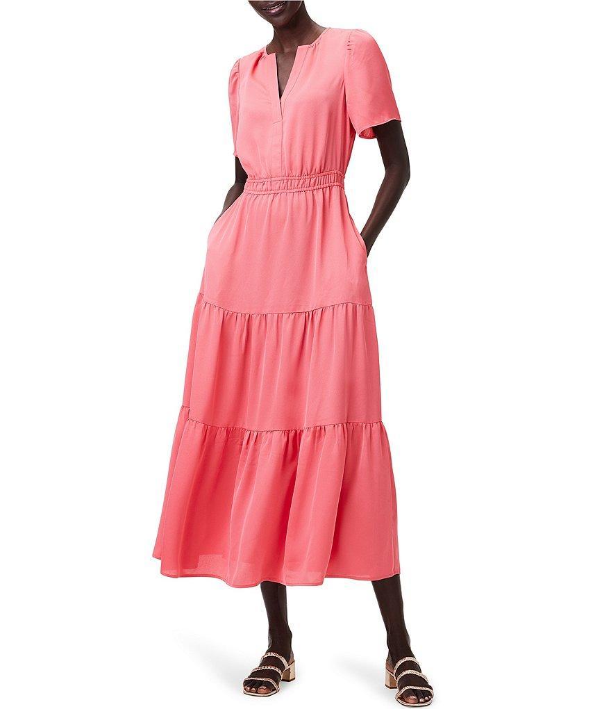 NIC + ZOE Daydream Solid Satin Chiffon Split V-Neck Short Sleeve Maxi A-Line Dress Product Image