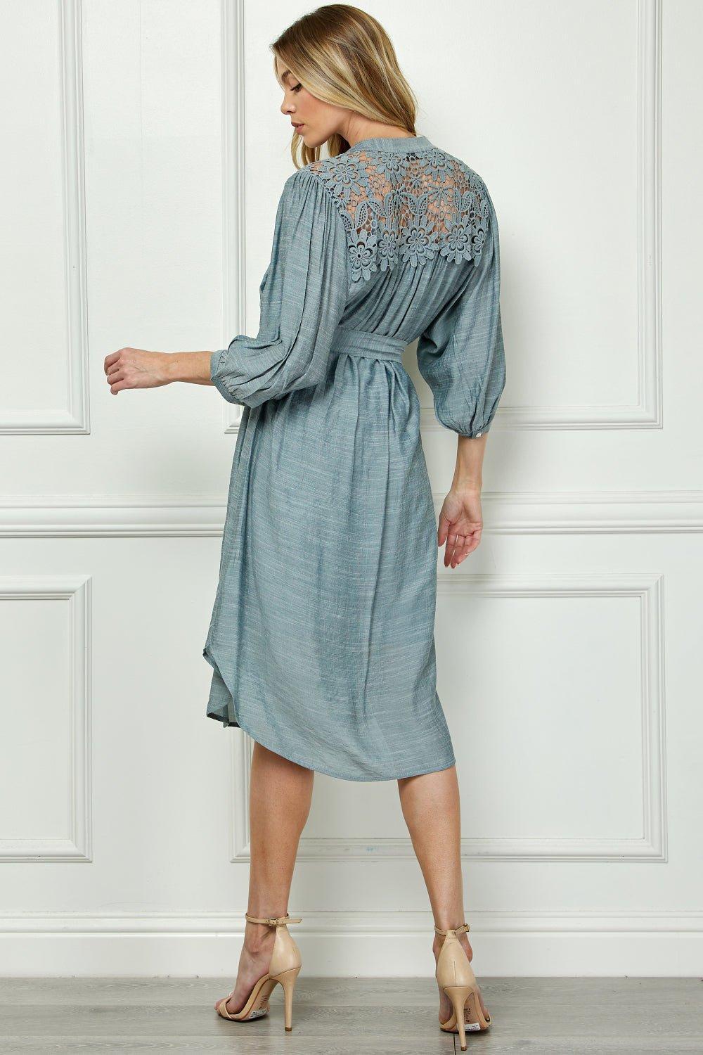 Button Front Yoke Neck Dress With Lace Shoulders Product Image