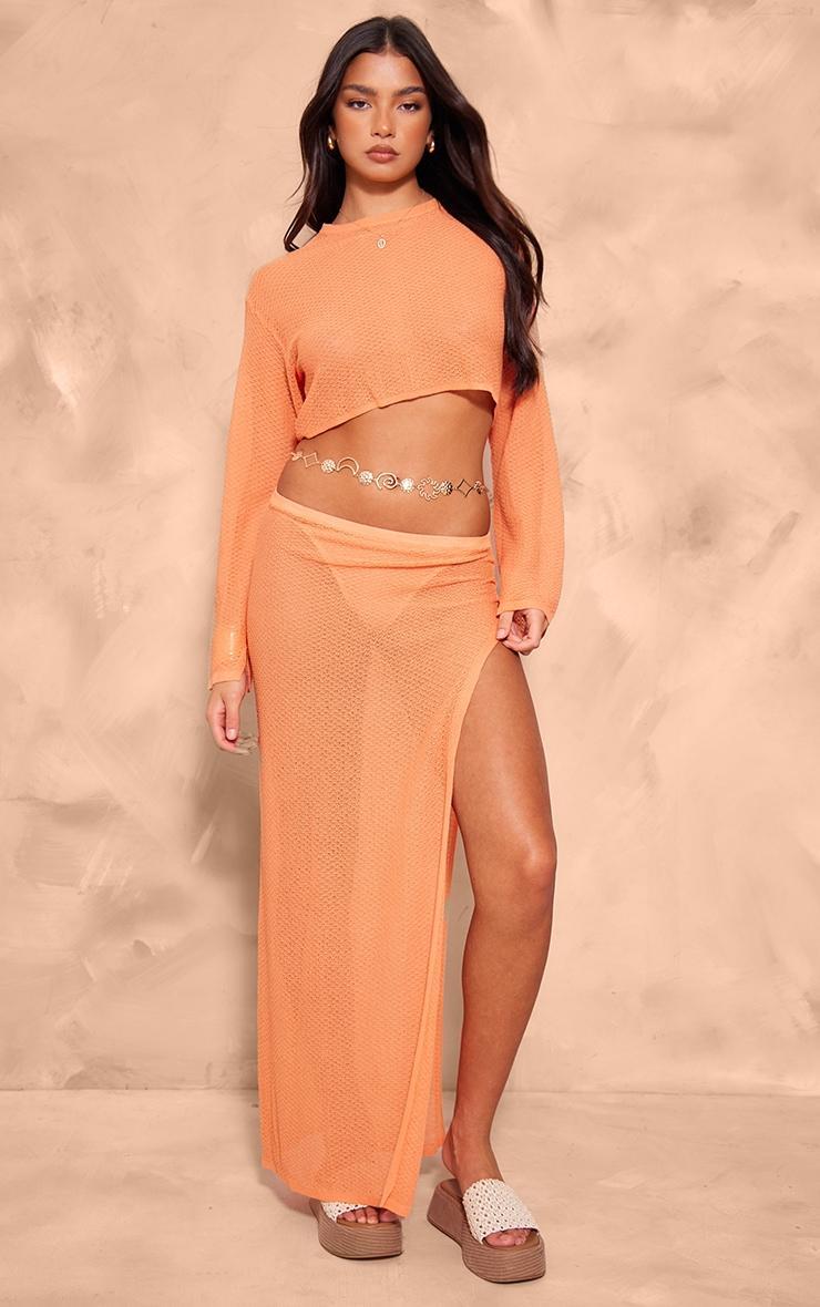 Orange Textured Sheer Knit Floaty Long Sleeve Crop Top Product Image