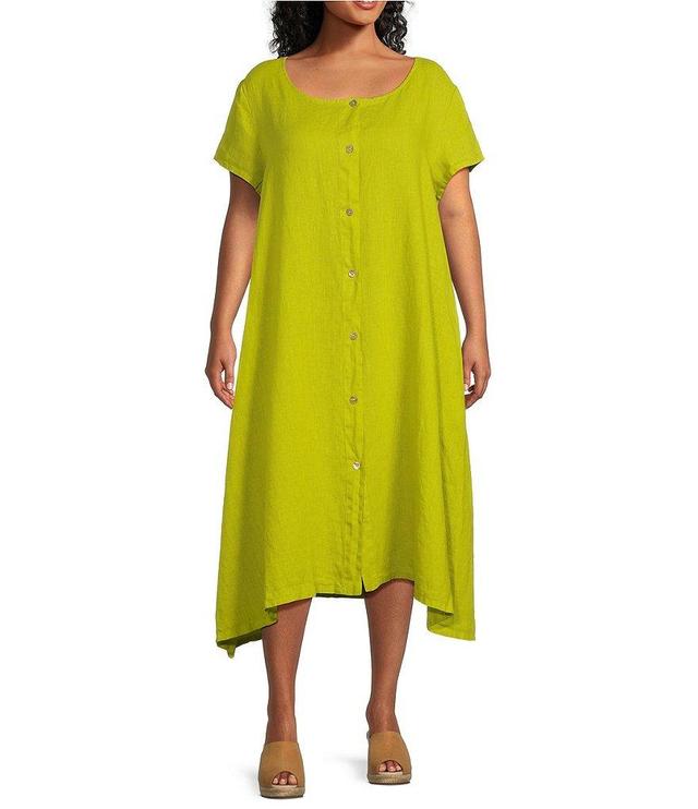 Bryn Walker Plus Size Winsor Light Linen Round Neck Cap Sleeve Button-Front Midi Dress Product Image