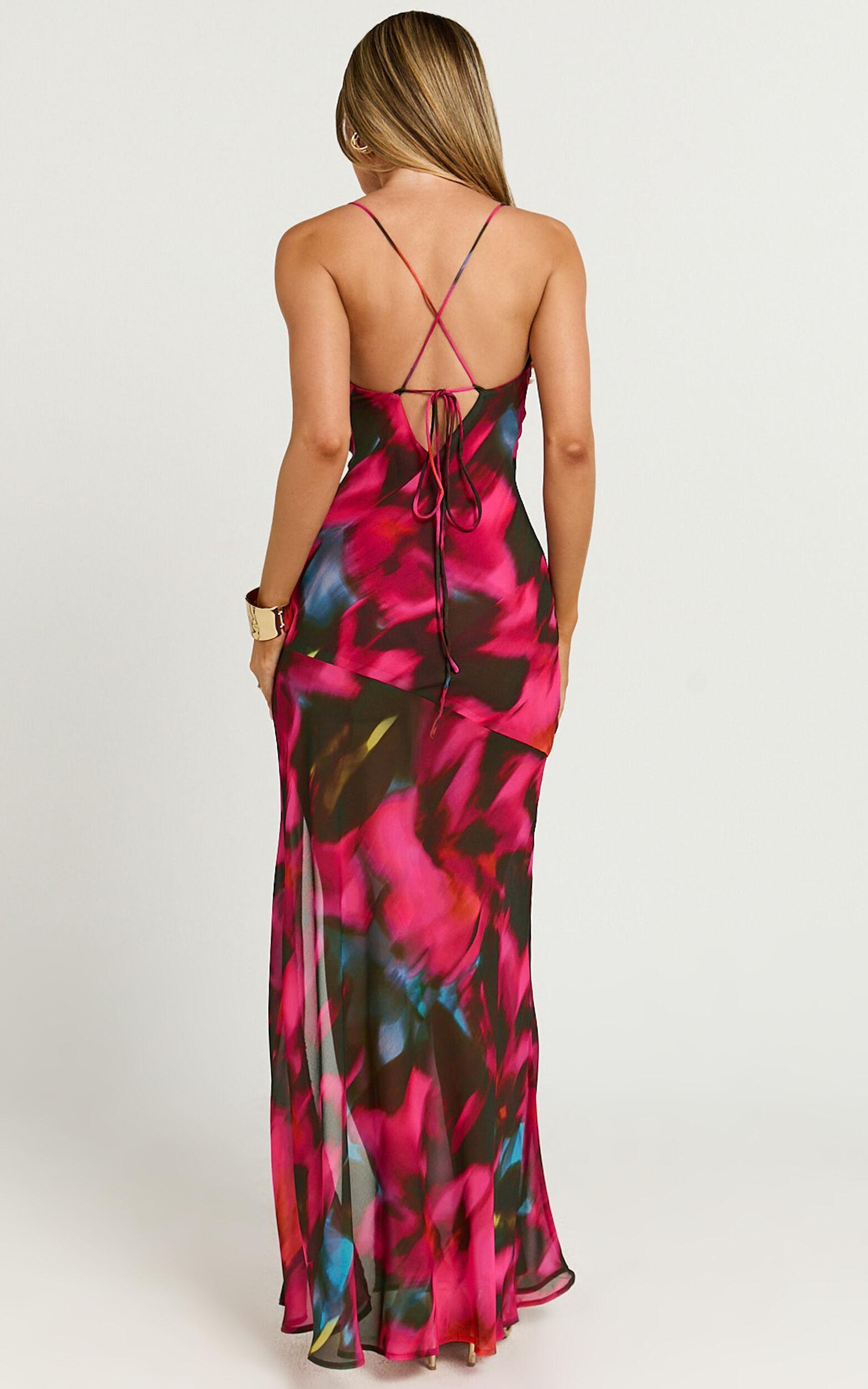 Talia Maxi Dress - Cowl Neck Low Back Dress in Hyper Tropical Print Product Image