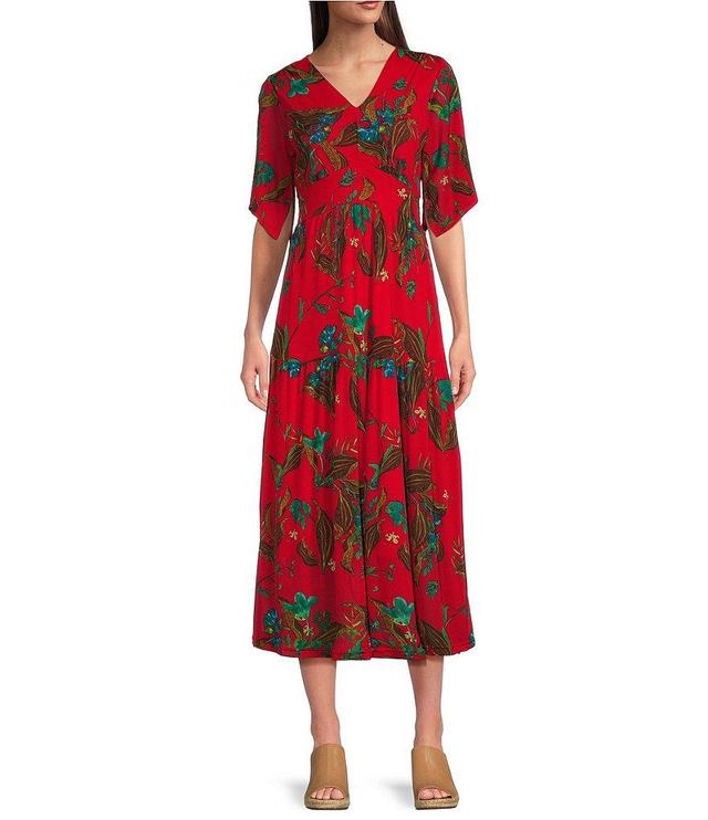 Calessa Floral Printed Mesh V Neckline Short Sleeve Dress Product Image