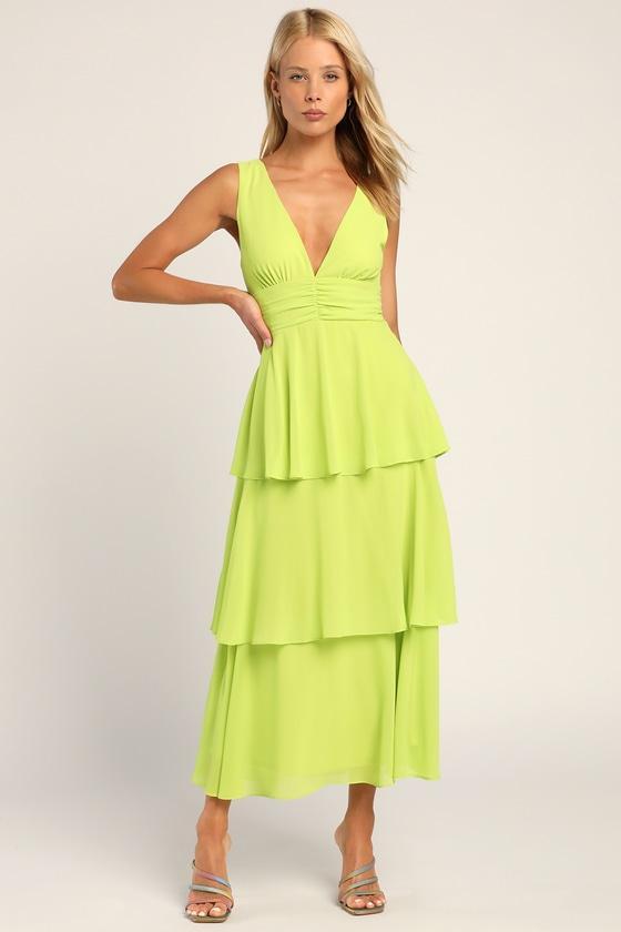 Celebration Time Lime Green Sleeveless Tiered Midi Dress Product Image