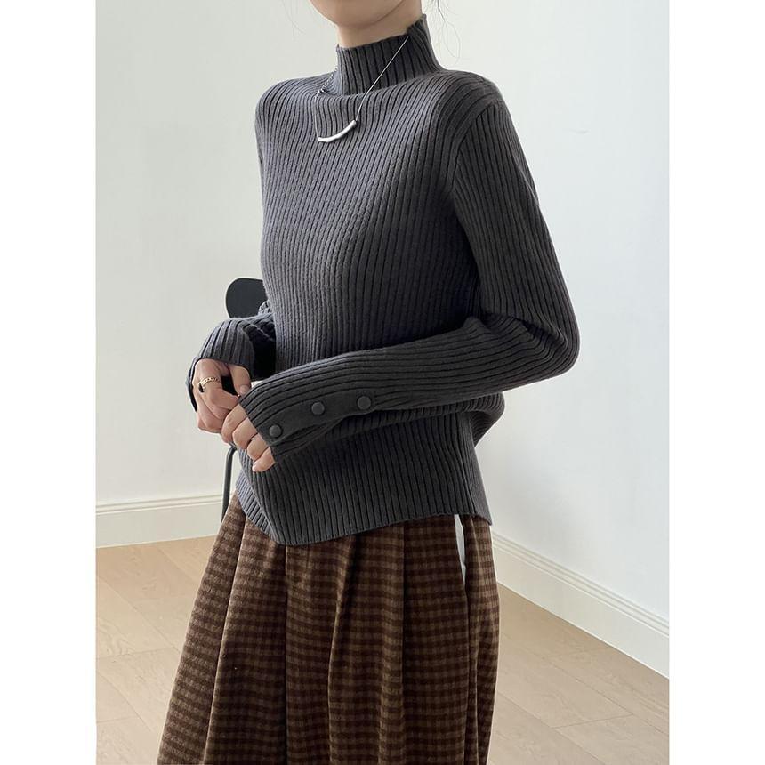 Long-Sleeve Turtleneck Ribbed Knit Top Product Image