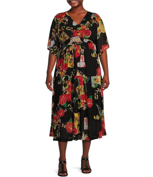 Calessa Plus Size Vintage Print V-Neck Short Sleeve Dress Product Image