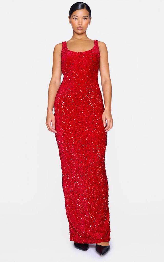 Red Velvet Sequin Embellished Scoop Back Maxi Dess Product Image