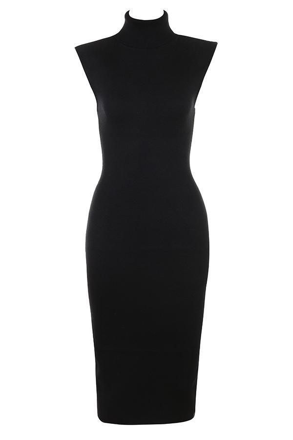 Gaia Black Cashmere Blend Turtle Neck Midi Dress Product Image