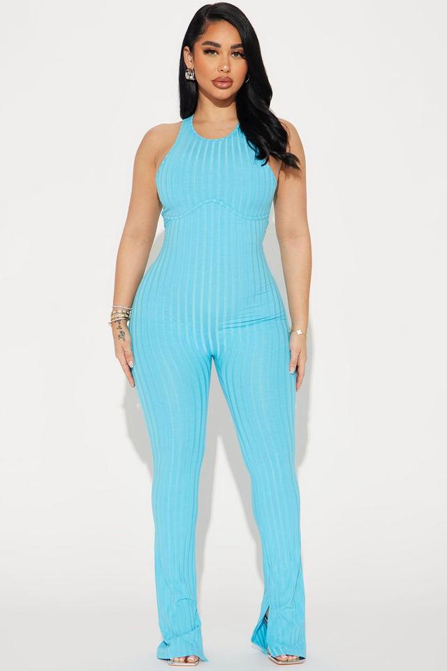 All Or Nothing Ribbed Jumpsuit - Aqua Product Image