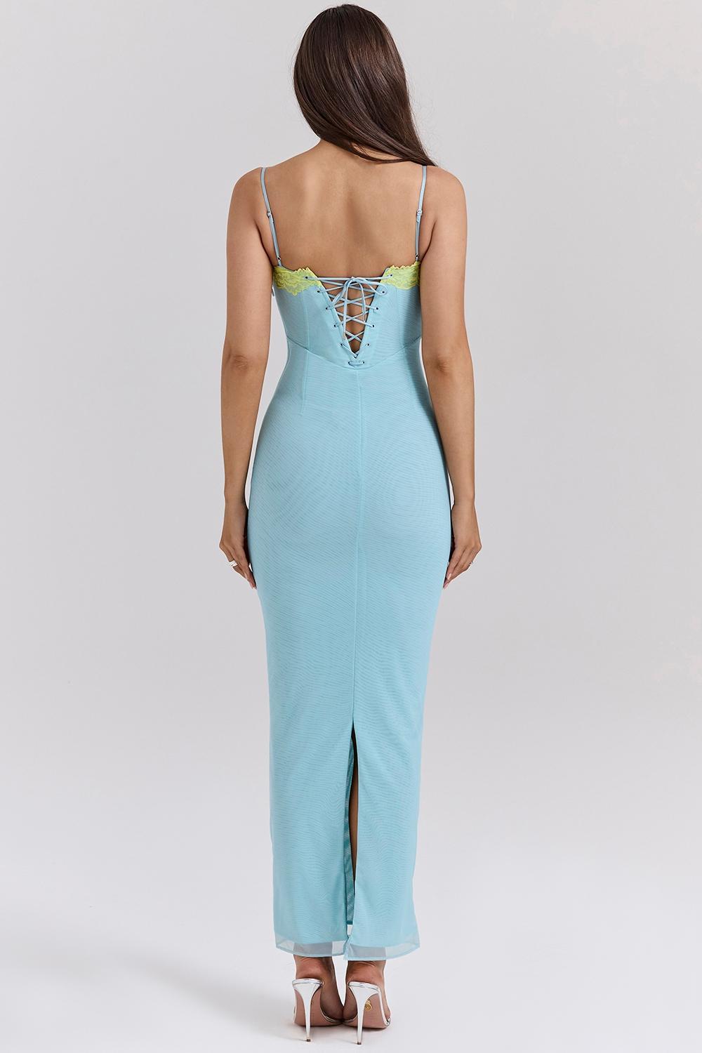 Aiza Ocean Blue Contrast Lace Maxi Dress Product Image