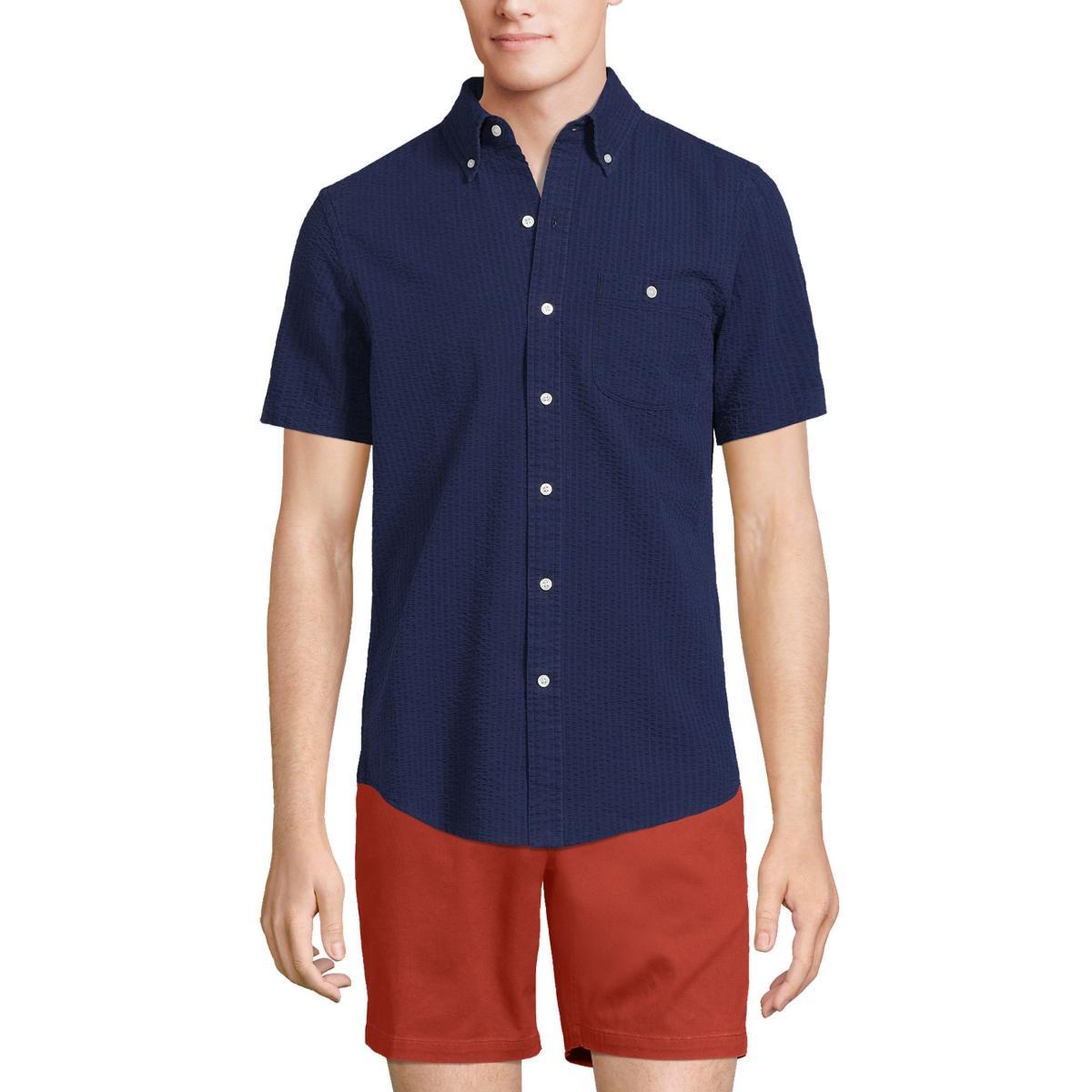 Tall Lands End Traditional-Fit Button-Down Seersucker Shirt, Mens Blue Pin Stripe Product Image