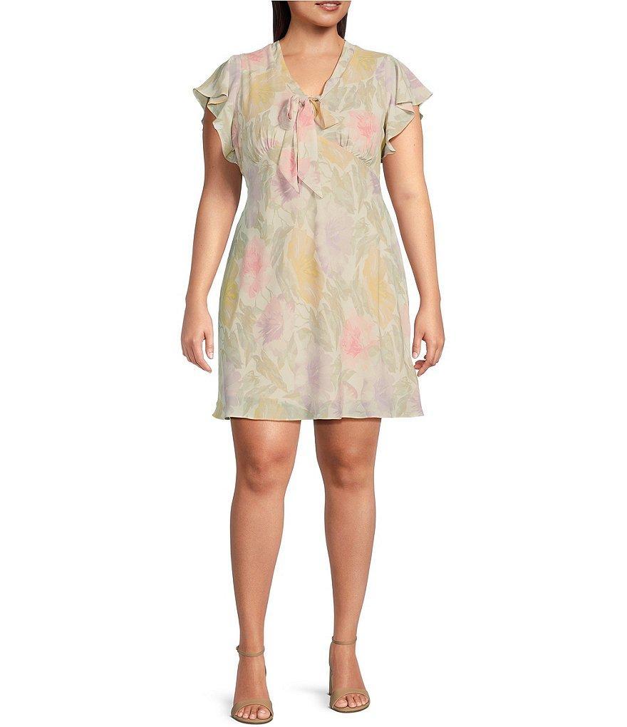 Lauren Ralph Lauren Plus Size Floral Flutter Cap Sleeve Tie V-Neck A-Line Dress Product Image