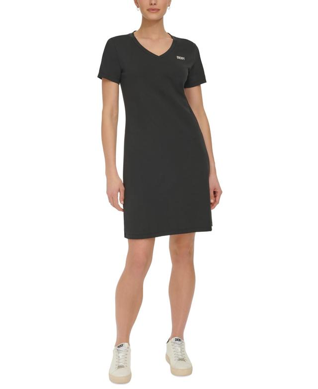 Dkny Sport Womens Metallic-Logo V-Neck Short-Sleeve Dress Product Image