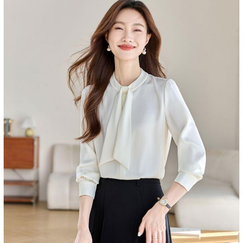 Long Sleeve Tie Neck Plain Blouse Product Image