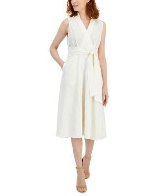 Women's Faux-Wrap Linen Midi Dress Product Image