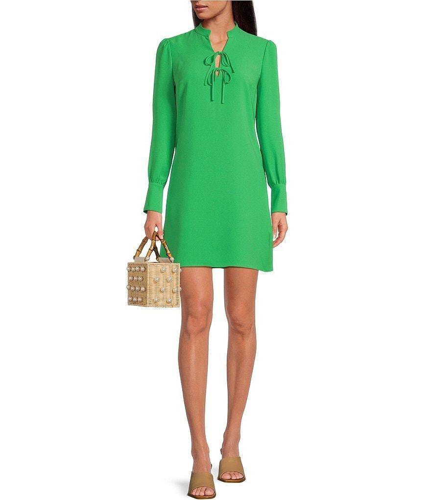 Tara Jarmon Radiance Woven Crepe Mandarin Collar Tie Neck Long Sleeves Bow Cuff Detail Sheath Mini Dress Product Image