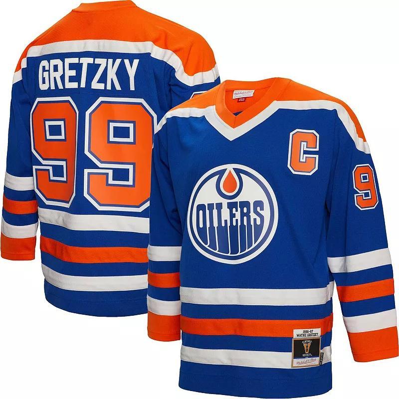 Mens Mitchell & Ness Wayne Gretzky Royal Edmonton Oilers Big and Tall 1986 Captain Patch Blue Line Player Jersey - Royal Product Image