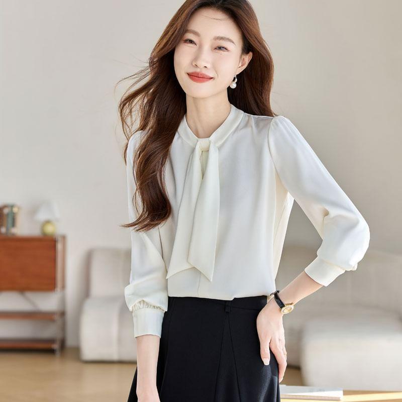 Long Sleeve Tie Neck Plain Blouse Product Image