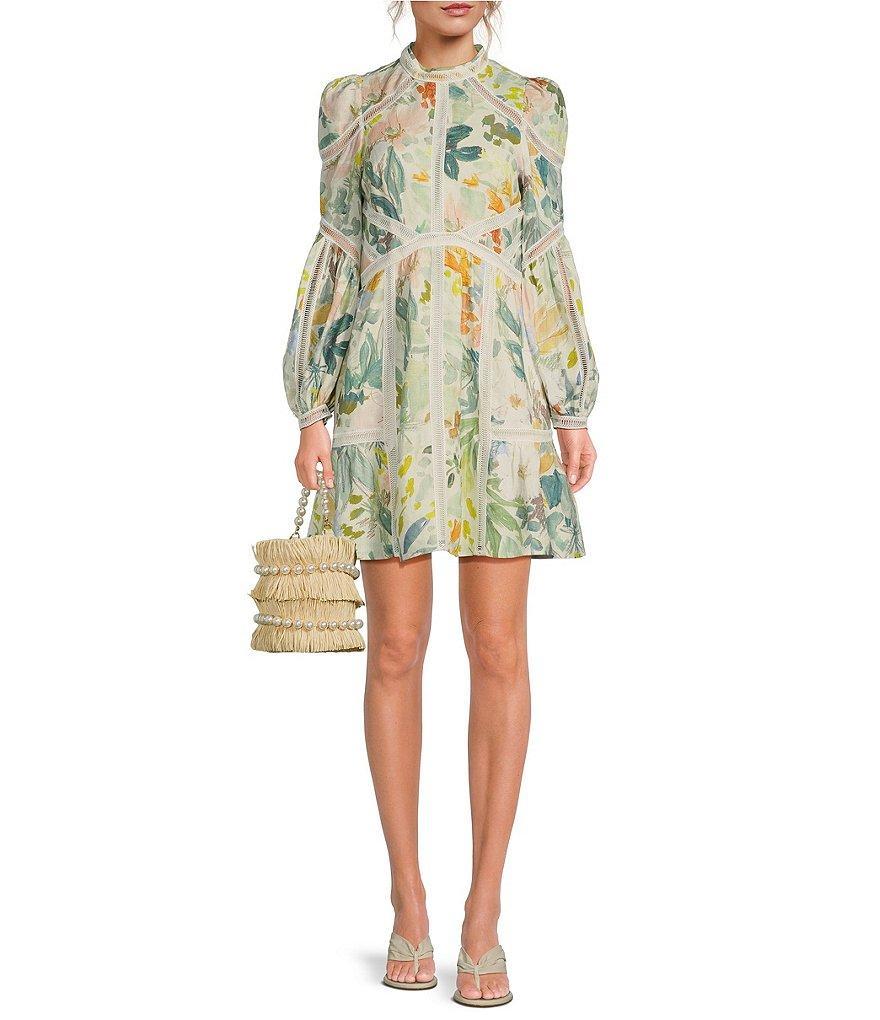 Ted Baker London Tealan Linen Floral Print Ladder Lace Trim High Neck Side Pocket Long Sleeve Mini Dress Product Image