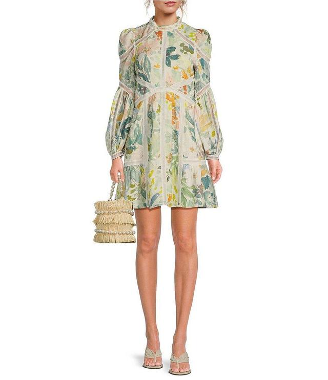 Ted Baker London Tealan Linen Floral Print Ladder Lace Trim High Neck Side Pocket Long Sleeve Mini Dress Product Image