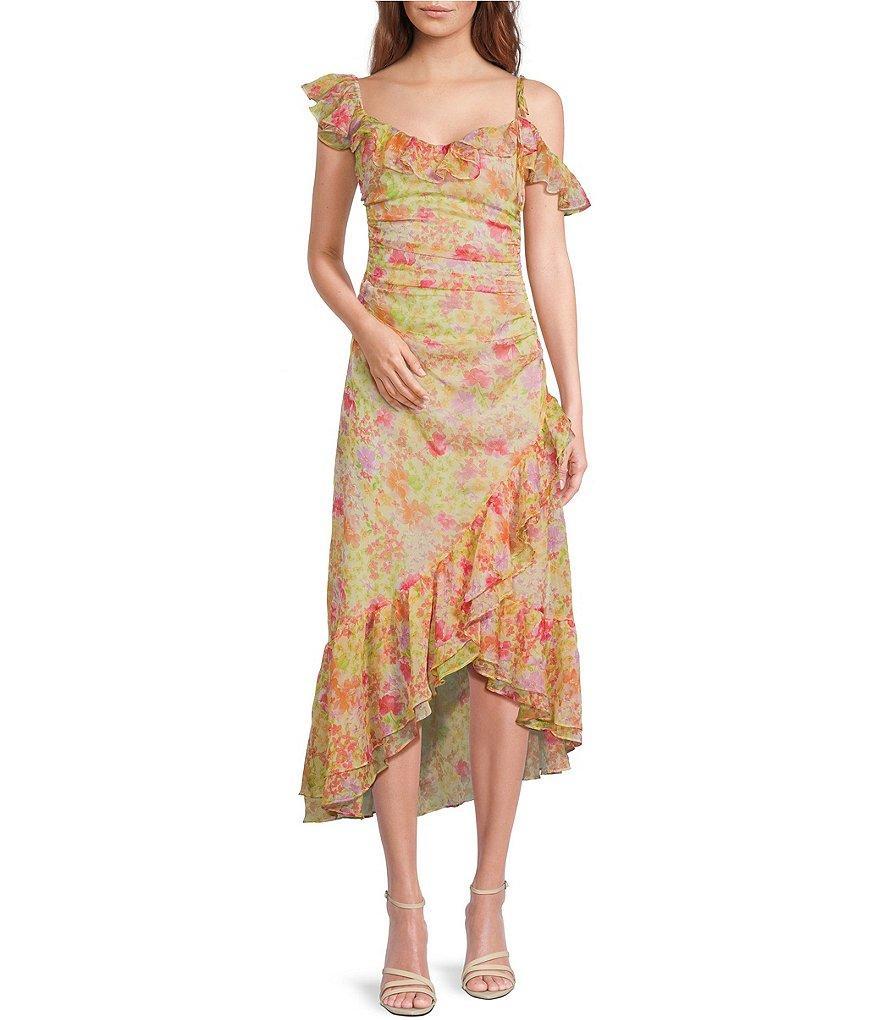 ASTR the Label Luvita Floral Print Ruffle V-Neck Sleeveless Ruched Side Slit Midi Dress Product Image