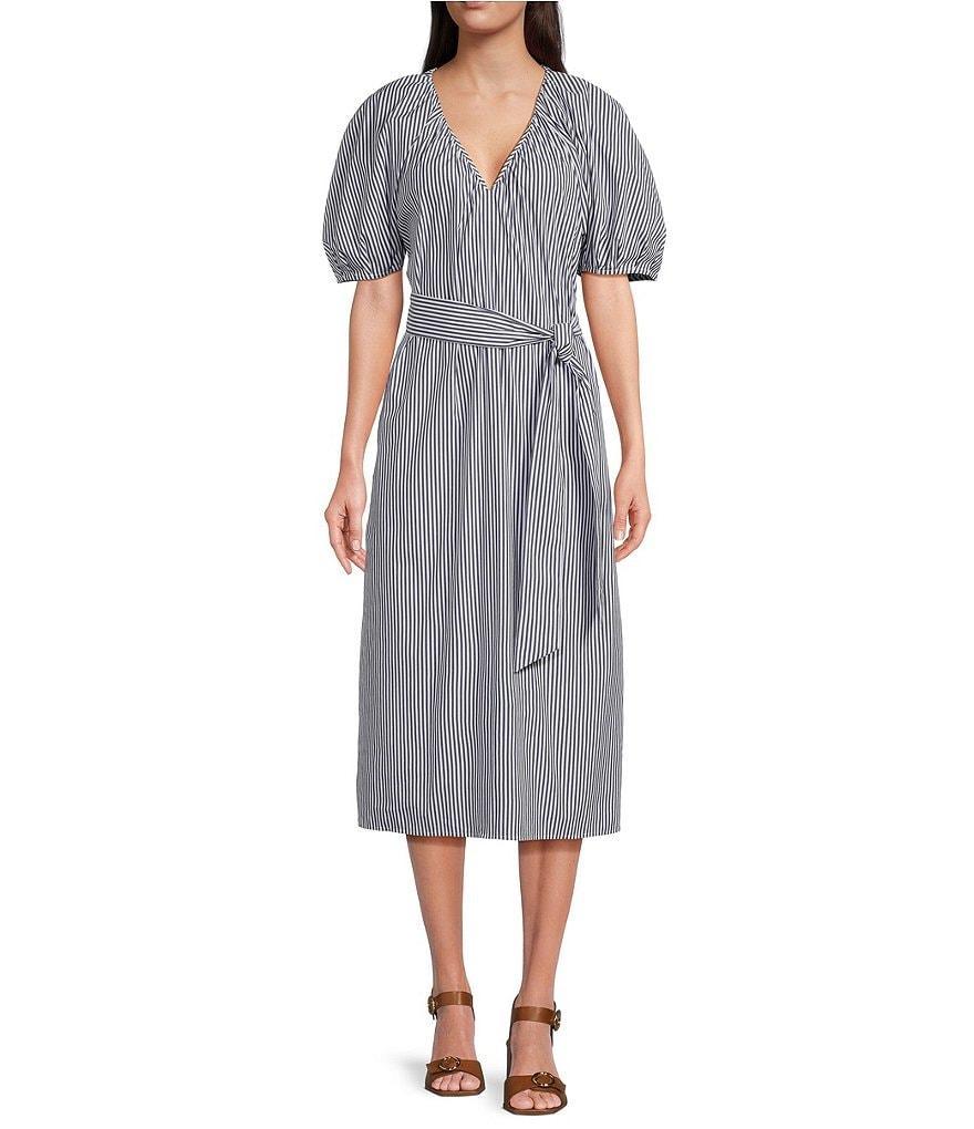 Alex Marie x Brrr° Everly Pin-Stripe V-Neck Puff Sleeve Midi Dress Product Image